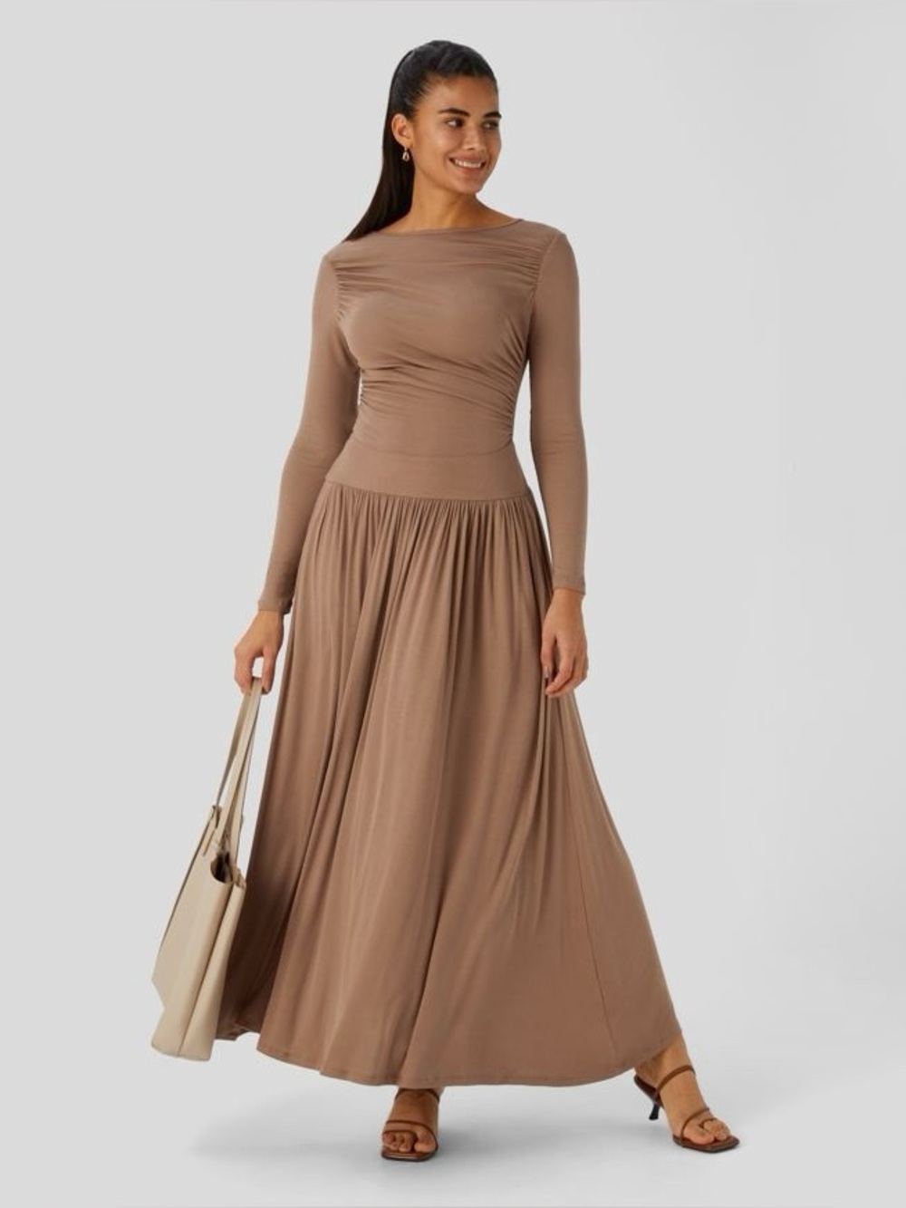 Halara Ribbed Boat Neck Long Sleeve Ruched Pocket Flowy Maxi Casual Dress Size S